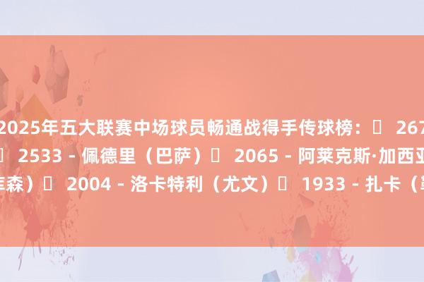 2025年五大联赛中场球员畅通战得手传球榜：◉ 2675 - 基米希（拜仁）◉ 2533 - 佩德里（巴萨）◉ 2065 - 阿莱克斯·加西亚（勒沃库森）◉ 2004 - 洛卡特利（尤文）◉ 1933 - 扎卡（勒沃库森、桑德兰）    体育赛事直播