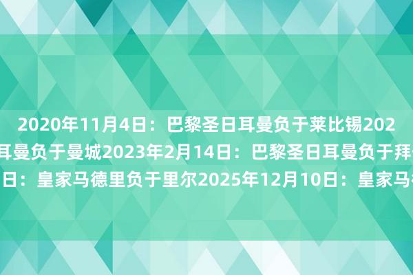 2020年11月4日：巴黎圣日耳曼负于莱比锡2021年5月4日：巴黎圣日耳曼负于曼城2023年2月14日：巴黎圣日耳曼负于拜仁2024年10月2日：皇家马德里负于里尔2025年12月10日：皇家马德里负于曼彻斯特城    沙巴体育网体育信息
